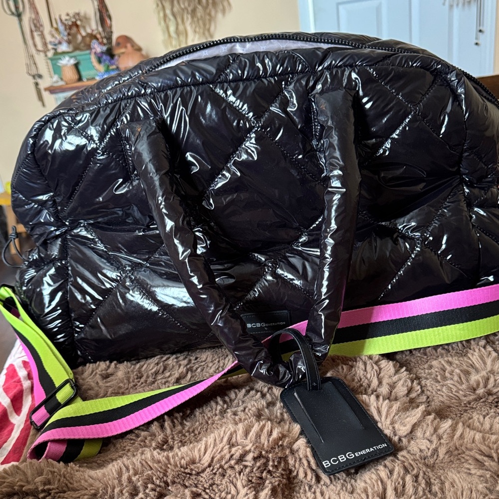BCBGeneration Glossy large travel Black Quilted Bag with Pink and Green Strap